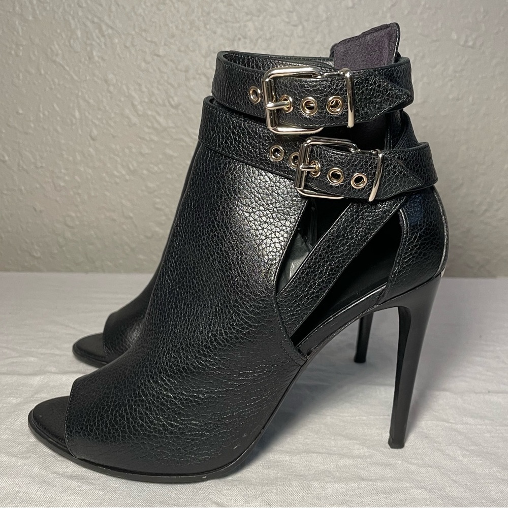 Burberry Black Leather Overfield Peep Toe Ankle Boot